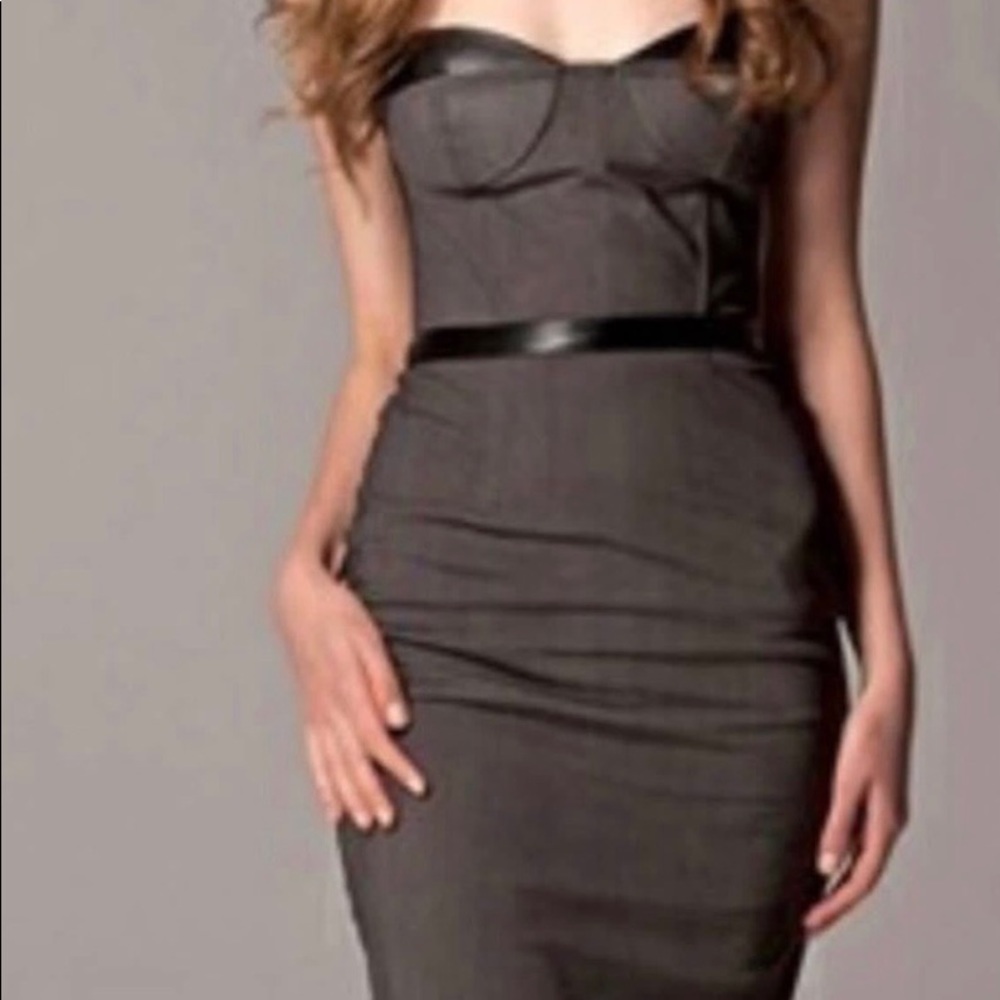 Blanquette Label grey mesh strapless dress with lamb leather detail